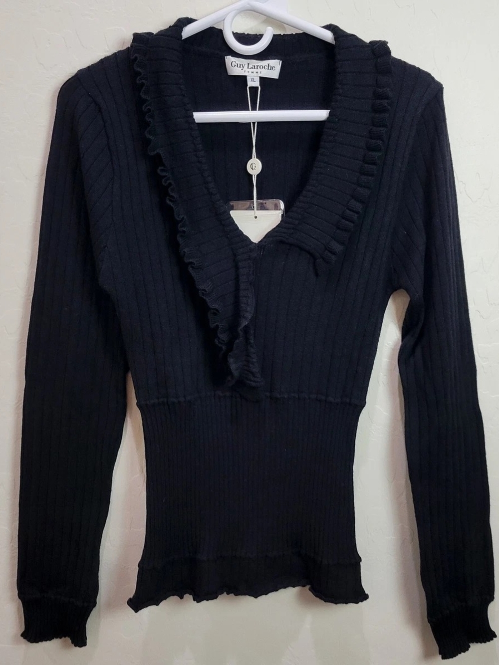 Guy Laroche Women's Black Ruffle V-Neck Ribbed Sweater